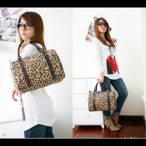 Cheetah print handbag, red clutch & orange clutch