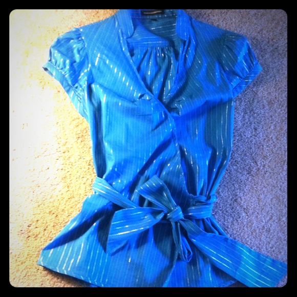 Blue with silver pinstripe wrap blouse