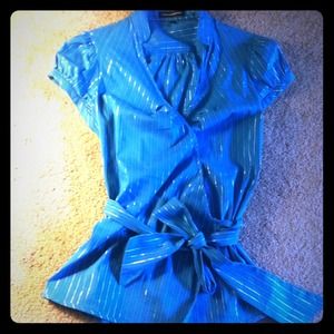 Blue with silver pinstripe wrap blouse