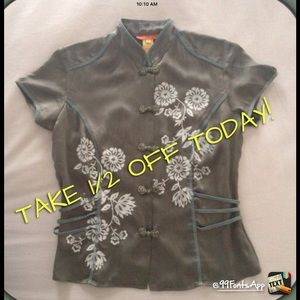 Silk mandarin collar top with hand painted flowers