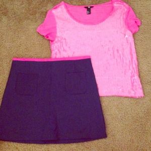 Pink Shimmery Shirt (Loose fit) Navy blue Skirt