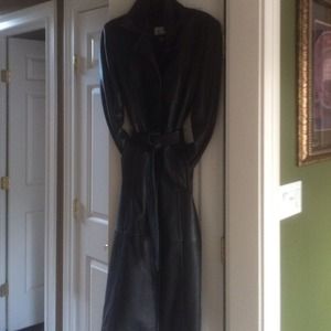 Lamb skin black leather trench coat