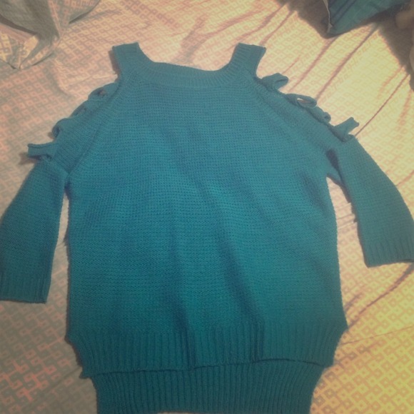 Teal Knit Ripped Sleeves Sweater
