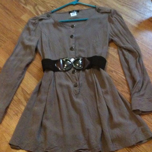 Long, button down toupe colored shirt