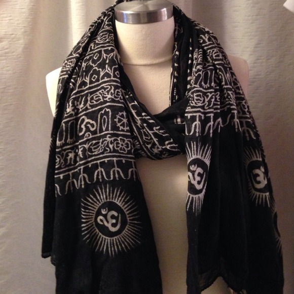 NWOT  GENEROUS SIZED BLACK SCARF W/ OM SYMBOL