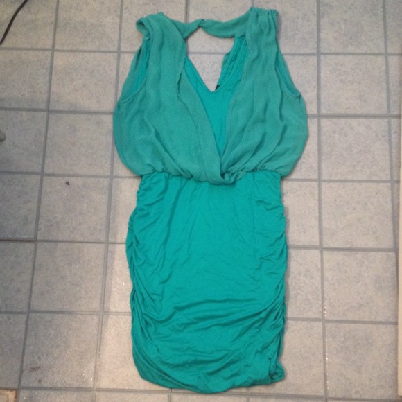 Teal Green chiffon scoop cowl neck open back dress - Picture 2 of 2
