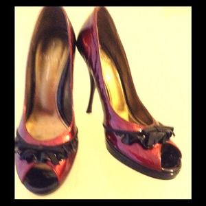 Ruby Red Heels with Black Vinyl Ruffle Peep Toe