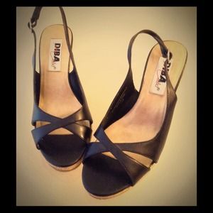 Black and Tan Strapped Moderate Wedge Sandals