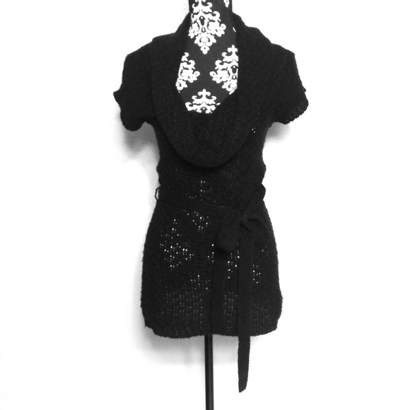 Black knit sweater dress with belt