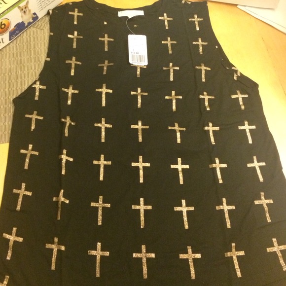 F21 Black muscle tee with gold crosses NEW! - Picture 1 of 3