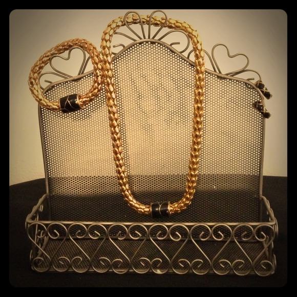 Black and Gold necklace, bracelet, and earrings