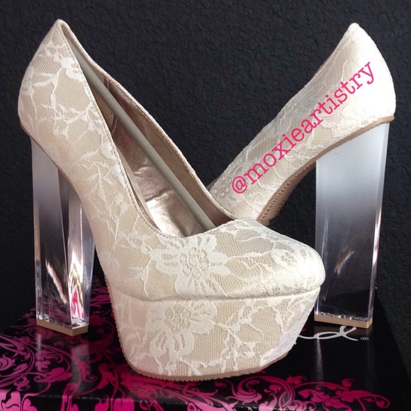 Bridal Ivory Lace Satin Shoes, Lucite Ombré Heel