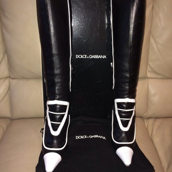 DOLCE & GABBANA KNEE HIGH SEXY BLK WHITE BOOTS 38 - Picture 2 of 4