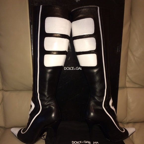 DOLCE & GABBANA KNEE HIGH SEXY BLK WHITE BOOTS 38 - Picture 3 of 4