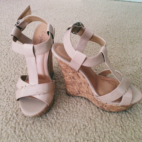Nude T-strap Wedges