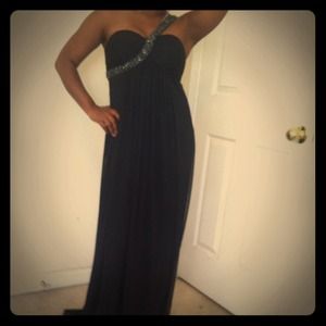 Dark blue mesh dress with beaded one shoulder.