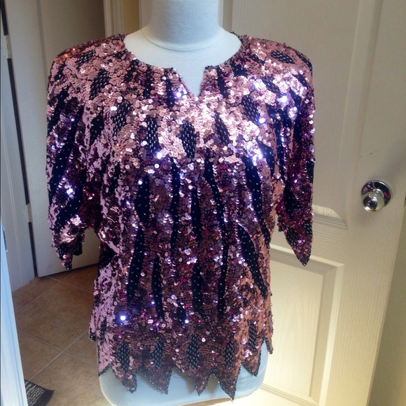 !!! Tops - Vintage Pink/Black Sequin 100% Silk/Sequin Blouse