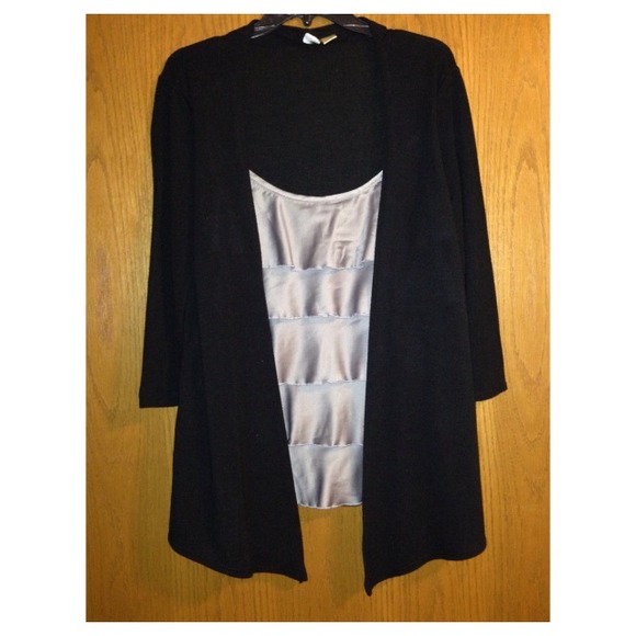 eyeshadow Tops - Black cardigan with faux attached ruffle tank
