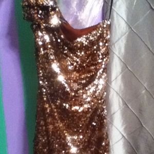 Short one shoulder bronze sequin dress