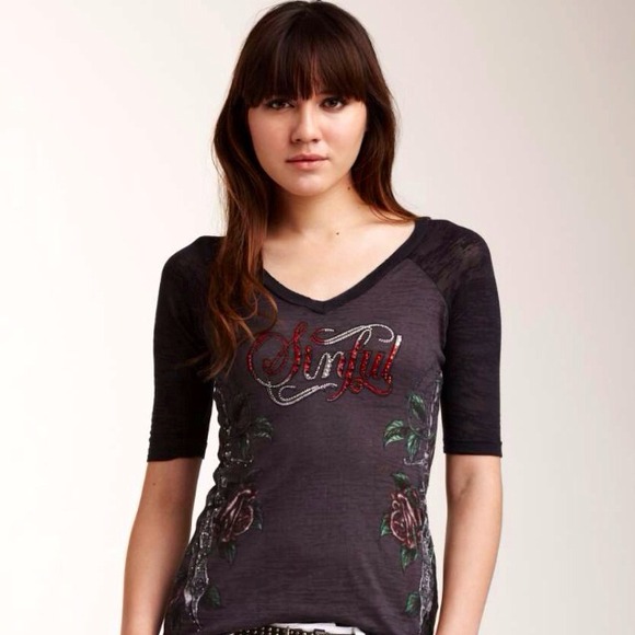 NEW AFFLICTION SINFUL LOUINA V-NECK BURNOUT TOP
