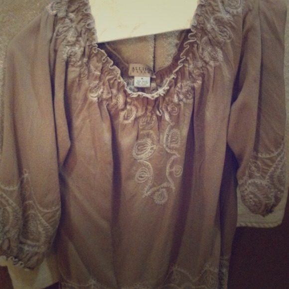 Blouse, tan with cream embroidery