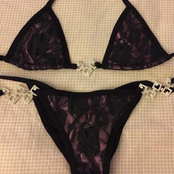 Other - Pink foil with black over lace rhinestone bikini
