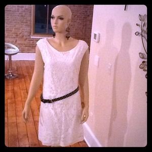 Max Studios White Lace-Like Pattern Dress