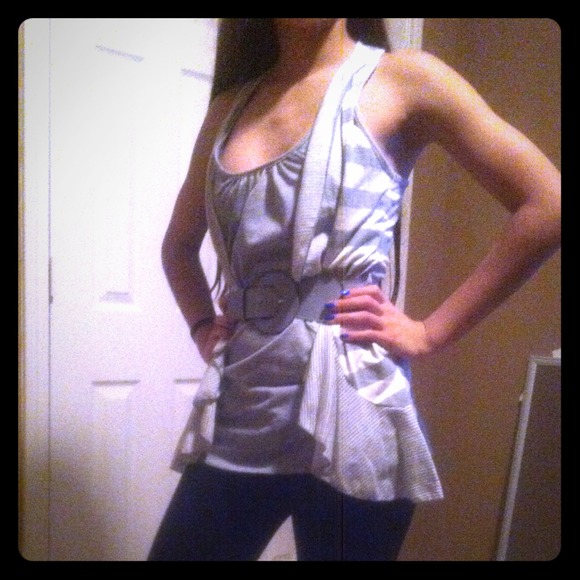 Grey striped shirt blouse with belt never worn - Picture 1 of 2