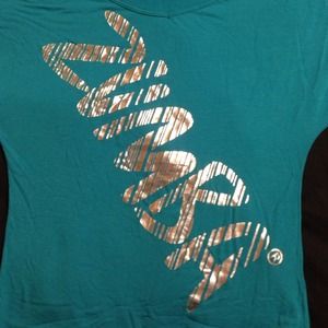 Zumba Teal top with Silver foil lettering.