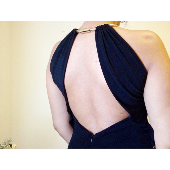 Black Halter Cocktail Dress W/ Gold Neck Detail - Picture 2 of 4