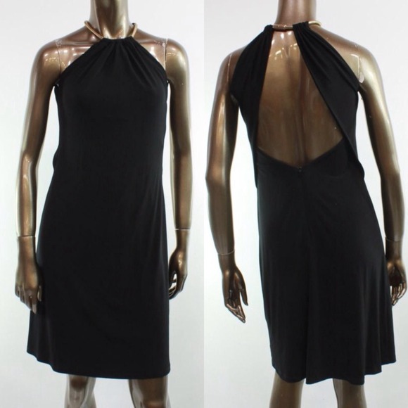 Black Halter Cocktail Dress W/ Gold Neck Detail - Picture 4 of 4