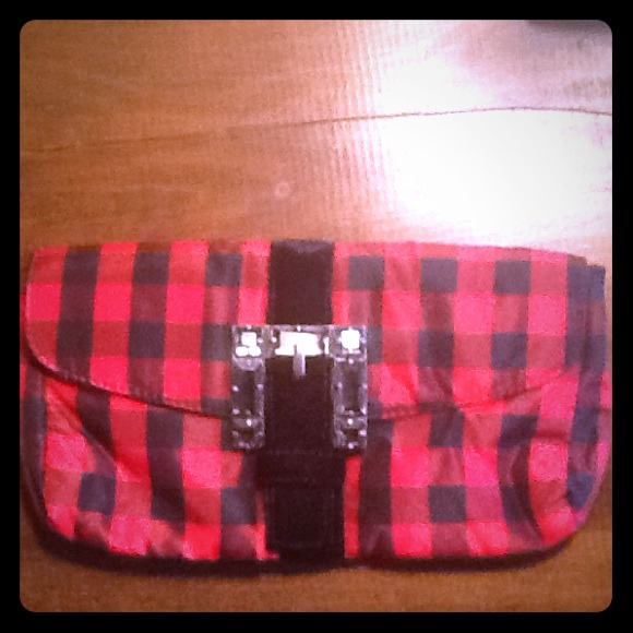 J Crew Black/ red checked clutch