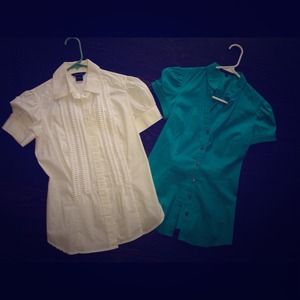 White Ruffled down- Teal button down