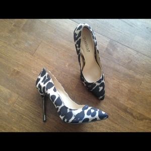 Shoedazzle Satin Leopard Spiked Heels.