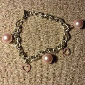 J-Low pink pearl and heart, silver bracelet.