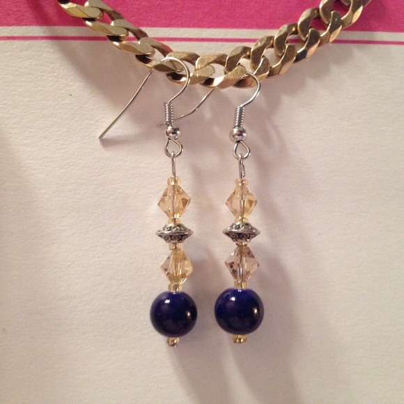 Navy Blue and Gold Glass Bead Earrings by Dawn - Picture 1 of 1