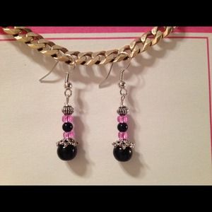 Black & Pink Glass Bead Earrings by Dawn