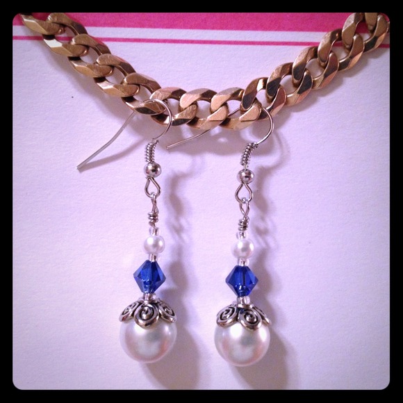 Blue & Pearl Glass Bead Earrings by Dawn - Picture 1 of 1