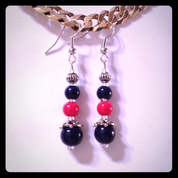 Navy Blue & Red Glass Bead Earrings by Dawn - Picture 1 of 1