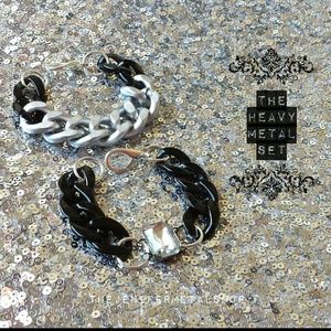 Chunky Black and Silver Matte Chain Bracelet Set