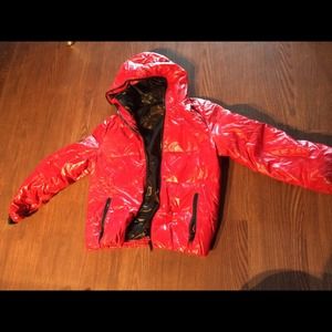 Red Leather feather coat size L. Made in China