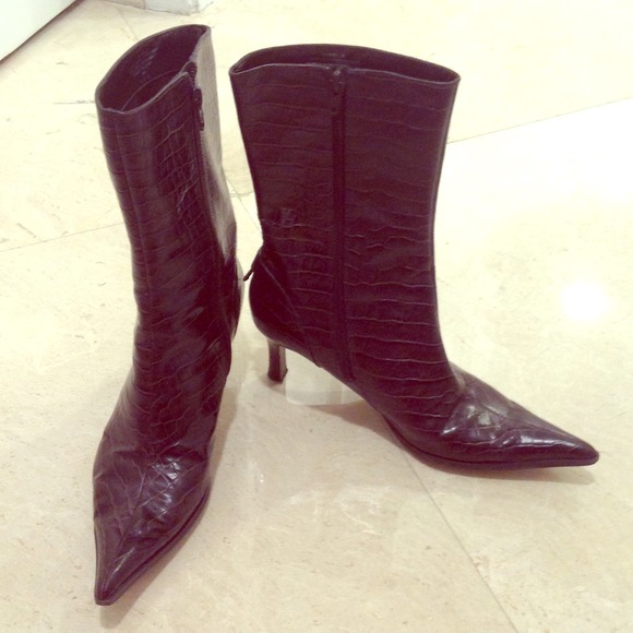 Dark brown snake print leather boots