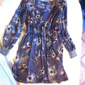 Forever 21 Long Sleeve Peacock Feather Print Dress