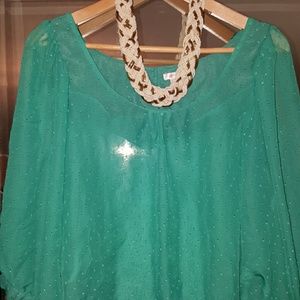 Sheer teal top with peekaboo sleeves