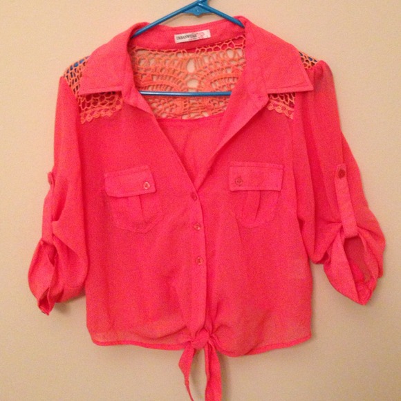 Sheer Coral Button-down Crop Top - Picture 1 of 2
