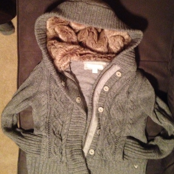 Gray cable knit faux fur-lined hooded sweater