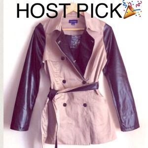 HP KHAKI AND FAUX LEATHER SLEVES COAT|JACKET