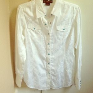 Turquoise snap white embellished western shirt