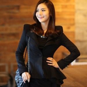 Black power shoulder peplum blazer