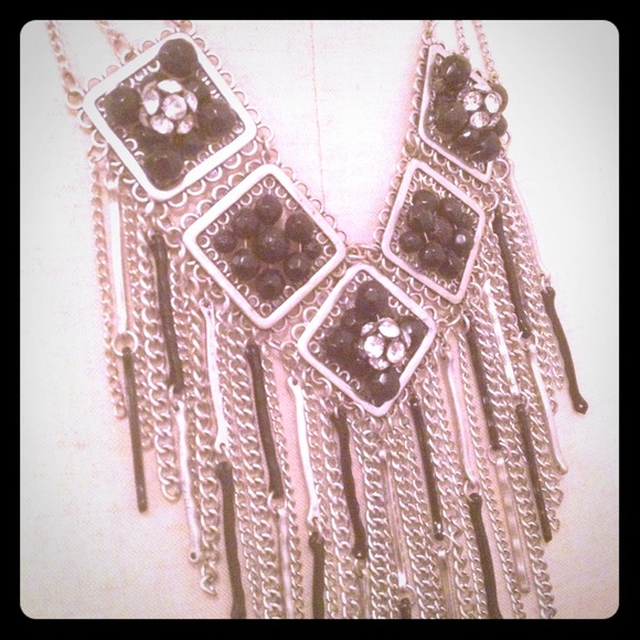 Silver and black colored necklace.